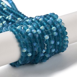 Marine Blue Imitation Jade Glass Beads Strands, Half AB Color Plated, Faceted, Frosted, Rondelle, Marine Blue, 3.5x3mm, Hole: 1mm, about 117pcs/strand, 13.66''~13.90''(34.7~35.3cm)