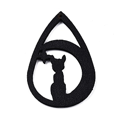 Cat Shape Halloween Theme Imitation Leather Pendants, Teardrop, Black, Cat Pattern, 52~55x33~34x1~2mm, Hole: 1.4~1.5mm