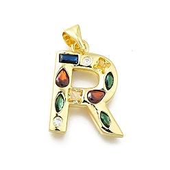 Letter R Латунные микропаве прозрачные подвески с фианитом, с целью перехода в кольце, без свинца и без кадмия, долговечный, стойки покрытие, письмо амулеты, реальный 18 k позолоченный, Буква R, 19~21x9.5~20x2.7 мм, Перейти кольцо: 5x1 мм, 3 mm внутреннего диаметра.