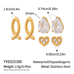 Прозрачный 3 пары 304 комплекты сережек из нержавеющей стали, слеза и сердце, с кубического циркония, золотые, прозрачные, 5.8~10 мм