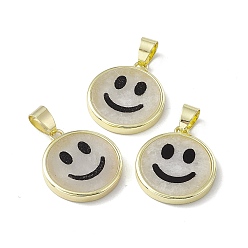 White Jade Natural White Jade Pendants, Flat Round with Smiling Face Charms, with Rack Plating Golden Tone Brass Findings, Cadmium Free & Lead Free, 21x18.5x3mm, Hole: 4x6mm