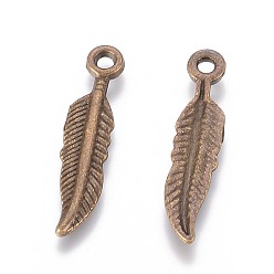 Antique Bronze Tibetan Style Alloy Feather Pendants, Cadmium Free & Nickel Free & Lead Free, Antique Bronze, 21x4.5x1mm, Hole: 1.5mm