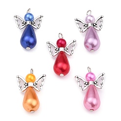Antique Silver ABS Plastic & Acrylic Imitation Pearl Angel Pendants, with Alloy Wing Beads, for Wedding Decoration, Antique Silver, 29x18x10mm, Hole: 2mm