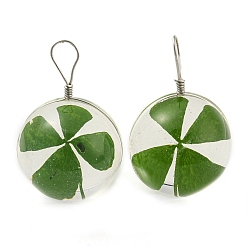 Round Platinum Brass with Glass Pendants, Clover Pattern Charms, Long-Lasting Plated, Round, 31x20x21mm, Hole: 4x7mm