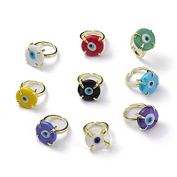 Mixed Color Lampwork Evil Eye Open Cuff Ring, Light Gold Brass Lucky Jewelry for Women, Lead Free & Cadmium Free, Mixed Color, US Size 6 1/4(16.7mm)