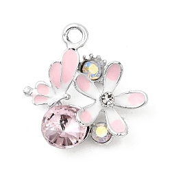 Розовый Подвески из сплава и страза, стойки покрытие, цветок с бабочкой, платина, светло-розовый, 22x21x7 мм, отверстие : 2.5 мм