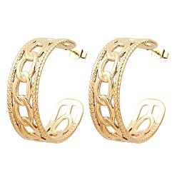 Golden 304 Stainless Steel Hollow Link Chain Stud Earrings for Women, Half Hoop Earrings, Ion Plating(IP), Golden, 34x11mm