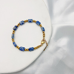 Синий Браслеты из натуральной яшмы в стиле бохо с прямоугольными бусинами и синими точками, украшения из нержавеющей стали для женщин, золотые, синие, 6-3/4 дюйм (17 см)