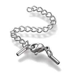 Stainless Steel Color 304 Stainless Steel Curb Chain Extender, with Cord Ends and Lobster Claw Clasps, Stainless Steel Color, Chain Extender: 52mm, Clasps: 9.6x6.5x3.5mm, Cord Ends: 6.5x1.5mm, 1mm inner diameter