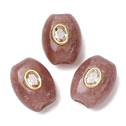 Strawberry Quartz Natural Strawberry Quartz European Beads, Oval Large Hole Beads with Brass Pave Clear Cubic Zirconia Findings, Golden, 20~20.5x15.5x13mm, Hole: 5mm
