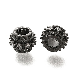 Черный Цвет Металла Реечное покрытие латунь микро паве прозрачный кубический цирконий европейские бусины, бусины с большим отверстием, долговечный, без свинца и без кадмия, круглые, металлический черный , 10x7.5 мм, отверстие : 4.5 мм
