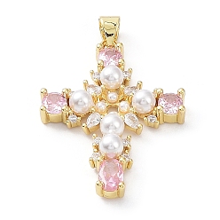Pearl Pink Brass Pave Cubic Zirconia with ABS Plastic Imitation Pearl Pendants, Real 18K Gold Plated, Cross, Pearl Pink, 31x23.5x5mm, Hole: 3.5x4.5mm