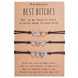 Stainless Steel Color 3Pcs 3 Style 430 Stainless Steel Heart with Word Bitch Link Bracelets Set, Match Adjustable Bracelets for Best Friends Couple Family, Stainless Steel Color, 7-1/8~11-3/4 inch(18~30cm), 1Pc/style