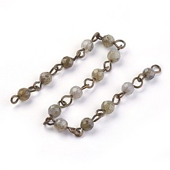 Labradorite Handmade Natural Labradorite Beads Chains, Unwelded, with Brass Eye Pin, Round, Faceted, Antique Bronze, 12~12.5x4~4.5mm, about 39.37 inch(1m)/strand