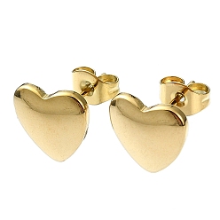 Real 18K Gold Plated Ion Plating(IP) 201 Stainless Steel Stud Earrings, with 304 Stainless Steel Pins, Plain Heart, Real 18K Gold Plated, 10x10mm