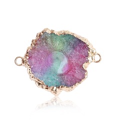 Colorful Natural Druzy Agate Connector Charms, with Golden Plated Brass Edge, Dyed, Nuggets Links, Colorful, 25~35mm