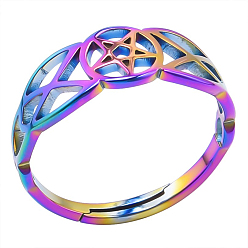 Rainbow Color Adjustable Stainless Steel Star with Sailor's Knot Ring for Women, Rainbow Color, Inner Diameter: 17mm