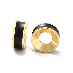 Black Brass Enamel European Beads, Large Hole Beads, Real 18K Gold Plated, Long-Lasting Plated, Flat Round, Black, 9x4mm, Hole: 4mm