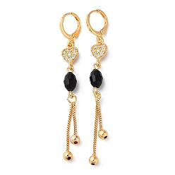 Light Gold Rhinestone Heart Leverback Earrings with Glass Beaded, Brass Chains Tassel Earrings for Women, Light Gold, 68~71x8mm