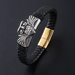 Античный Серебристый & Золотой Браслеты из плетеного шнура из искусственной кожи в стиле панк, 304 Браслеты с подвесками в виде совы из нержавеющей стали для мужчин, с магнитной застежкой, старинное серебро & золотой, 8.66 дюйм (22 см)
