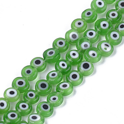 Green Handmade Evil Eye Lampwork Beads Strands, Flat Round, Green, 6x2.5mm, Hole: 1mm, about 64~65pcs/strand, 14.1 inch~14.5 inch