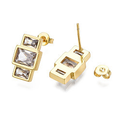 Clear Cubic Zirconia Rectangle Dangle Stud Earrings, Real 18K Gold Plated Brass Jewelry for Women, Nickel Free, Clear, 14.5x8.5mm, Pin: 0.8mm