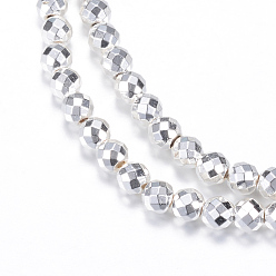 Silver Plated Electroplate Non-magnetic Synthetic Hematite Bead Strands, Round, Faceted, Silver Plated, 4mm, Hole: 1mm, about 98~102pcs/strand, 15.7 inch