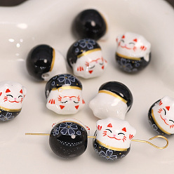 Black Handmade Porcelain Beads, Maneki Neko Cat, Black, 13x14mm