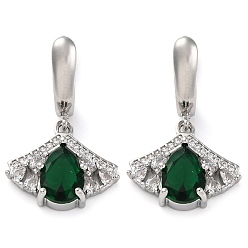 Темно-Зеленый Серьги-кольца из латуни с кубическим цирконием и листьями гинкго для женщин, платина, темно-зеленый, 29x18 мм