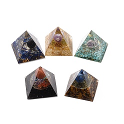 Mixed Stone Orgonite Pyramid, Resin Pointed Home Display Decorations, with Natural Gemstone and Metal Findings, 52x50x49mm