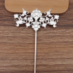 Silver Flower Alloy Hair Sticks Findings, Round Bead & Enamel Settings, with Iron Sticks and Loop, Silver, 70x40mm, Fit for 2.5mm & 5mm Beads
