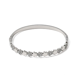 Stainless Steel Color 304 Stainless Steel Crystal Rhinestone Flower Hinged Cuff Bangles for Women, Stainless Steel Color, Inner Diameter: 2.40x1.95 inch(6.1x4.95cm)