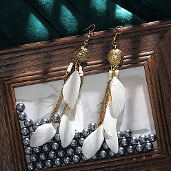 White Feather Tassel Dangle Earrings, Bohemia Style Long Drop Earrings for Women, White, 60x17mm