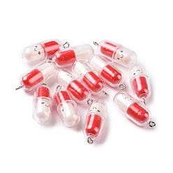 Red Translucent Plastic Pendants, Pill Capsule Charm, with Platinum Tone Iron Loops, Red, 29x10.5mm, Hole: 2mm