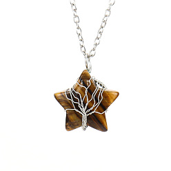 Tiger Eye Natural Tiger Eye Star Pendant Necklace, with Platinum Alloy Chains, 20.87 inch(53cm)