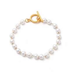 Golden Plastic Imitation Pearl Beaded Bracelets, Ion Plating(IP) 304 Stainless Steel Jewelry for Women, Golden, 6-1/2 inch(16.6cm)