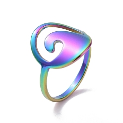 Rainbow Color Ion Plating(IP) 201 Stainless Steel Oval with Wave Finger Ring, Hollow Wide Ring for Women, Rainbow Color, US Size 6 1/2(16.9mm)