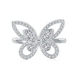 Real Platinum Plated Rhodium Plated 925 Sterling Silver Butterfly Finger Rings with Cubic Zirconia, with S925 Stamp, Real Platinum Plated, 1.6mm, US Size 7(17.3mm)