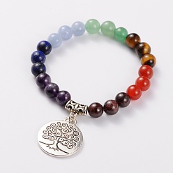 Mixed Stone Natural Gemstone Stretch Charm Bracelets, with Tibetan Style Tree of Life Pendant, Antique Silver, Colorful, 55mm