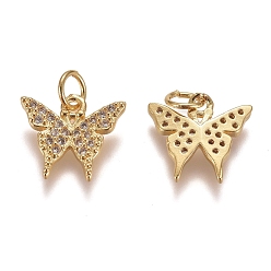 Golden Brass Micro Pave Clear Cubic Zirconia Charms, with Jump Rings, Butterfly, Golden, 11x12.5x2.5mm, Hole: 3mm