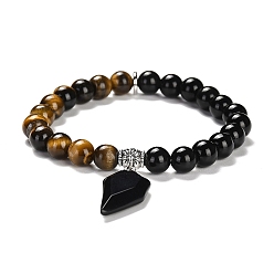 Тигровый глаз Эластичные браслеты с круглыми бусинами из натурального тигрового глаза и черного обсидиана, с половинчатыми сердечками, внутренний диаметр: 2-1/8 дюйм (5.5 см)