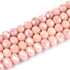 Легкий Лосось Антикоррозийные гальванические стеклянные бусины рондель, имитация драгоценных камней, с покрытием AB цвета, граненые, светлый померанцевый, 8x5.5~6 мм, отверстие : 1~1.2 мм, около 60~61 шт / нитка, 14.96~15.16'' (38~38.5 см)