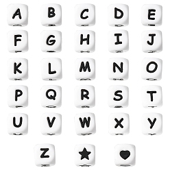 Letter A~Z 30Pcs 28 Style Food Grade Eco-Friendly Silicone Beads, Chewing Beads For Teethers, DIY Nursing Necklaces Making, White Cube with Black Letter & Heart & Star, Letter A~Z, 12x12x12mm, Hole: 2~3mm, 28 style/box