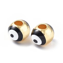 Black Evil Eyes Brass Enamel Beads, Cadmium Free & Lead Free, Real 18K Gold Plated, Oval, Black, 7x5.5mm, Hole: 2mm