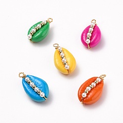 Mixed Color Spray Painted Natural Cowrie Shell Pendants, with Copper Wire, Round Shell Pearl Beads and Brass Beads, Mixed Color, 25~27x14~15x9.5~10mm, Hole: 2.5mm