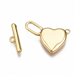 Real 18K Gold Plated Brass Toggle Clasps, Nickel Free, Heart, Real 18K Gold Plated, 25mm long, Bar: 15x4.5x2.5mm, hole: 1.4mm, Jump Ring: 5x1mm, Inner Diameter: 3mm, Heart: 20X14X3mm, Hole: 1.2mm and 3x7mm