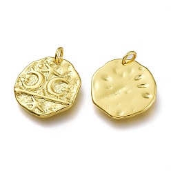 Golden Brass Pendants, with Jump Rings, Hammered, Long-Lasting Plated, Flat Round with Moon, Golden, 18.5x17.5x1.7mm, Hole: 3mm