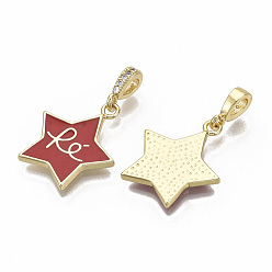 Red Brass Micro Pave Cubic Zirconia Pendants, with Enamel, Nickel Free, Star with Word Re, Real 16K Gold Plated, Red, 21x18.5x2mm, Hole: 2.5mm