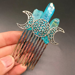 Dark Turquoise Moon Natural Dyed Quartz Hair Combs, with Alloy Combs, Hair Accessories for Women Girls, Dark Turquoise, 100x100mm