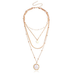 golden Layered Heart Pearl Geometric Disc Necklace for Women